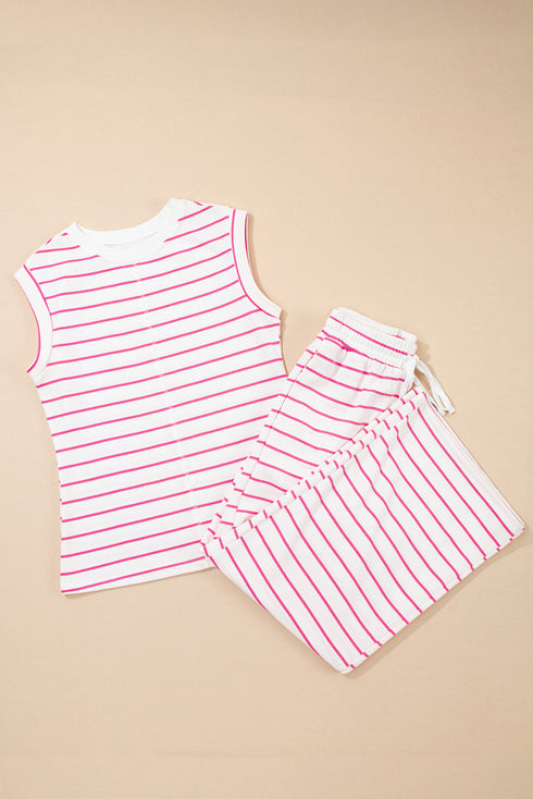 Striped Padded Shoulder Muscle Tee And Wide Leg Pants Lounge Set